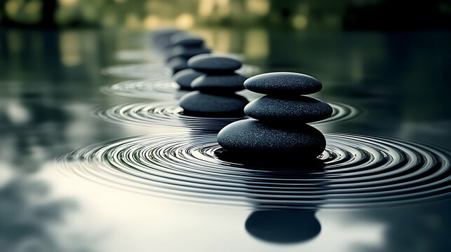 Stack of smooth grey stones in a still pond with ripples.