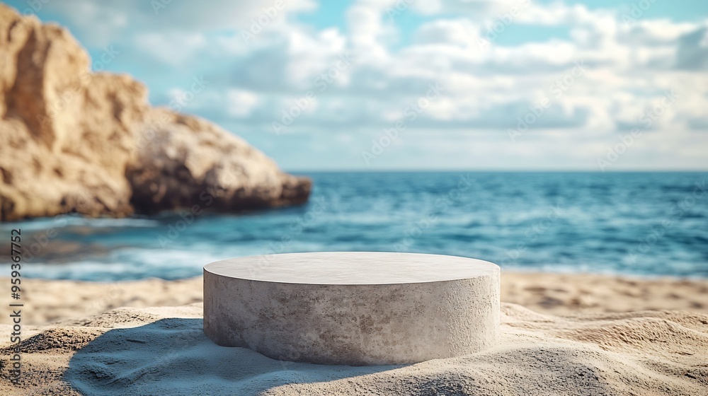 Aufkleber product display podium on the sandy beach on a blurred sea background abstract style : generative ai