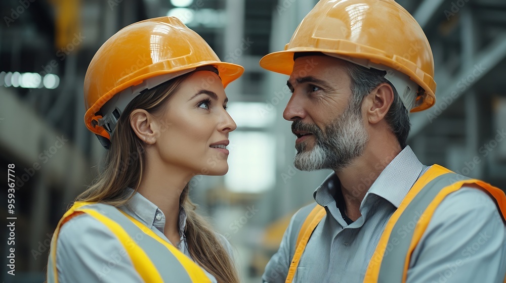 Poster caucasian engineer in hardhats discussing on construction site engineer and female foreman worker te