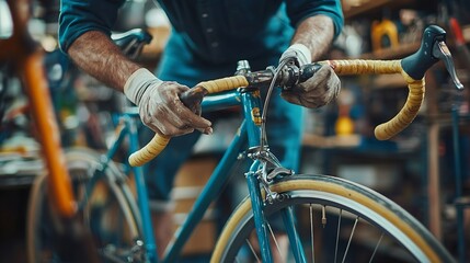 Worker hands unrecognizable man preparing a bicycle frame with masking tape for a custom painting design in his bike workshop a handcrafted creative process : Generative AI