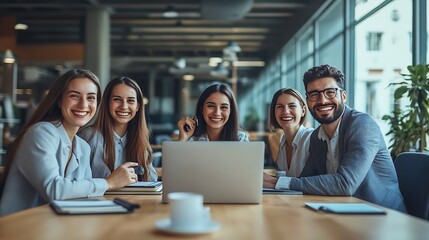 Fototapeta premium Group of happy business coworkers having video call over laptop in empty conference hall : Generative AI