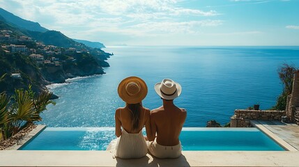 Wealthy couple enjoying beautiful sea view of luxury Mediterranean villa : Generative AI