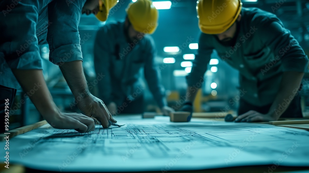 Poster engineer team is meeting to inspect the construction blueprint drawings work plan and distribute wor