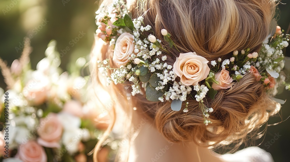 Poster Close-up of wedding flowers arranged beautifully in the bride's hair and bouquet