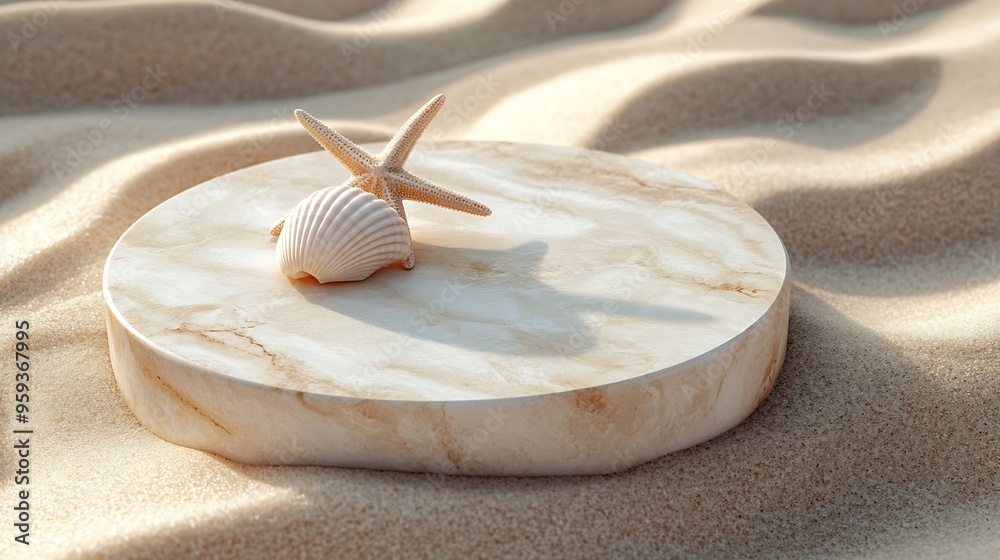 Poster empty beige round platform podium for cosmetics or products presentation sea shell and starfish on n