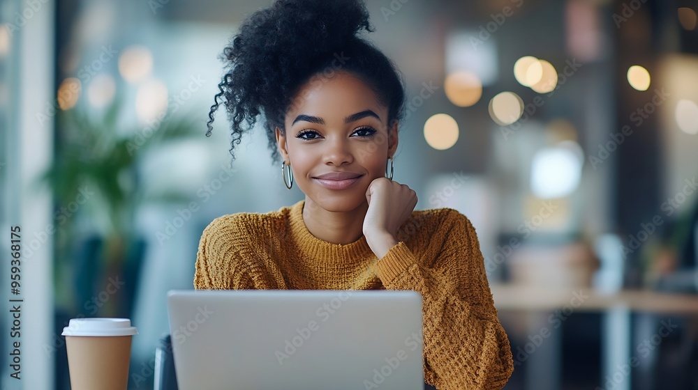 Aufkleber good day at work cheerful black female office worker using laptop and drinking coffee at workplace l
