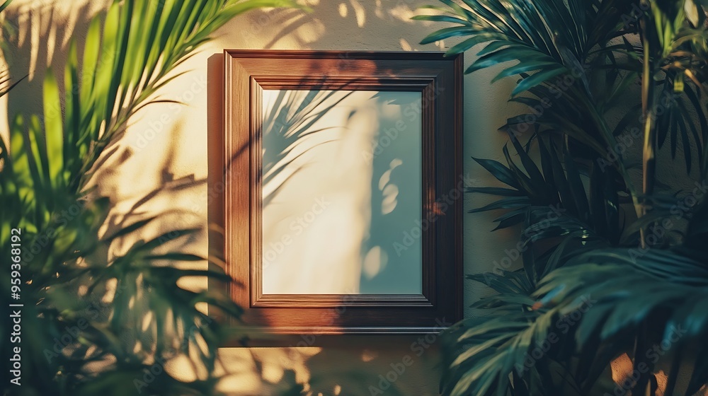 Poster Closeup of female hanging wooden frame with empty mockup copy space Art concept with shadows and light : Generative AI