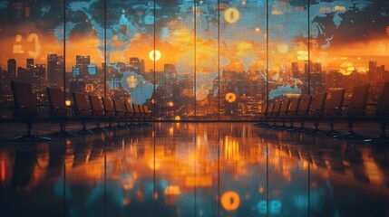 Image of map and numbers over empty chairs and table arranged in conference room Digital composite multiple exposure global business furniture meeting cartography travel geography : Generative AI