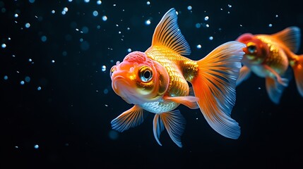 Fototapeta premium Pet ornamental goldfish or Carassius auratus Family Cyprinida Ranchu or lionhead goldfish is very popular to show in fish tank : Generative AI