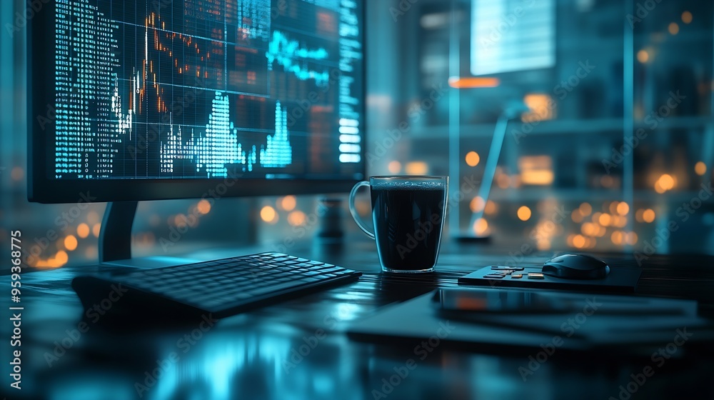 Aufkleber Image of multiple graphs changing numbers empty chair cellphone coffee and keyboard on desk Digital composite multiple exposure report business beverages office and technology concept : Generative AI