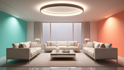 Fototapeta premium Modern Living Room Interior Design with White Sofa Beige Carpet and Circular Ceiling Light