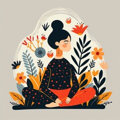 Peaceful abstract woman with floral patterns and mindful design