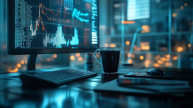 Image of multiple graphs changing numbers empty chair cellphone coffee and keyboard on desk Digital composite multiple exposure report business beverages office and technology concept : Generative AI