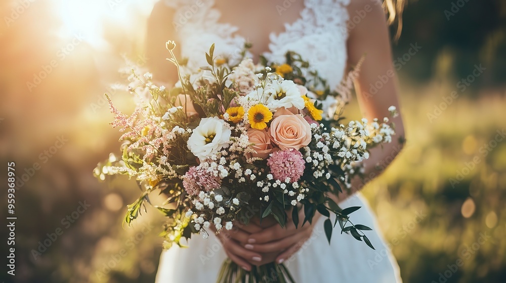 Poster Beautiful summer wedding bouquet. Delicate bright flowers and women wearing wedding dresses 