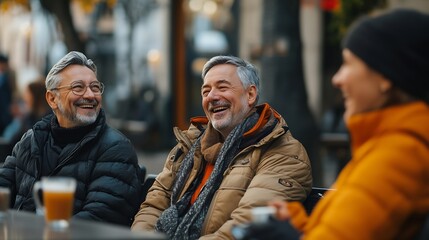 Obraz premium Mature group of people sitting together on coffee time outdoor Cheerful handsome people of different nationalities laughing chilling and having conversation Copy space : Generative AI