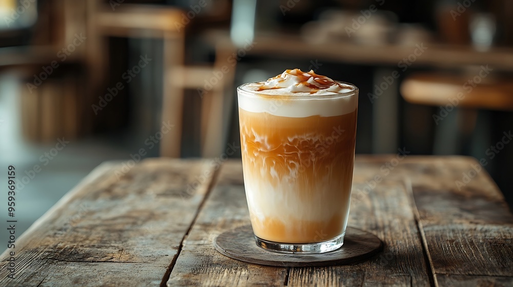 Aufkleber ice caramel macchiato coffee on rustic table background : generative ai