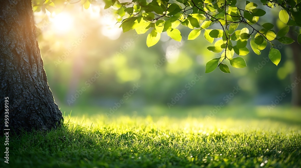 Poster blur background of sunlight shining though the tree with grass field soft light nature photography p
