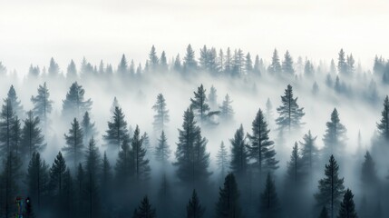 Obraz premium A forest with foggy trees and a misty sky. The trees are tall and dense, creating a sense of depth and mystery. The fog adds a sense of calm and serenity to the scene