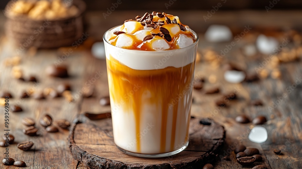 Aufkleber ice caramel macchiato coffee on rustic table background : generative ai