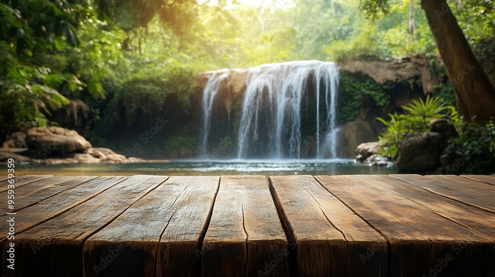 Poster Empty wood table top with blur background of waterfall tropical in summer The table giving copy space for placing advertising product on the table along with beautiful summer waterfall : Generative AI