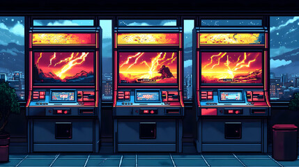 Three Pixelated Arcade Machines With Colorful Displays.