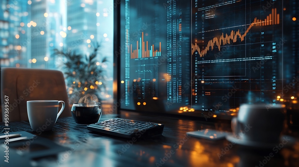 Aufkleber Image of multiple graphs changing numbers empty chair cellphone coffee and keyboard on desk Digital composite multiple exposure report business beverages office and technology concept : Generative AI