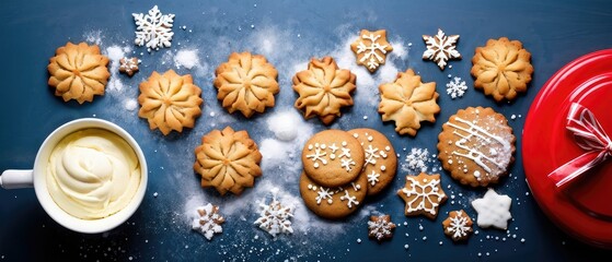 Fototapeta premium Homemade gingerbread cookies and icing with a festive red plate on a blue background.
