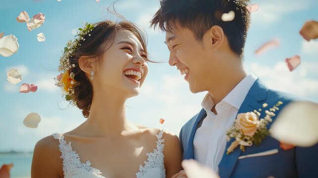 Happy asian couple getting married. Beautiful wedding at asia. Smiling bride and groom portrait. Photo after ceremony. Laughing joyful newlywed. People celebrate their love. Fun young adult lovers. 