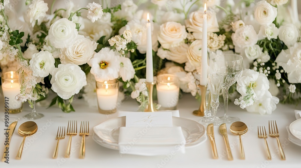 Poster Elegant white floral table setting with gold cutlery and candlelight. Wedding or event decor. Concept of celebration, sophistication, festive dining, classic style 