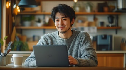 Modern worker in selfisolation home office and work during covid19 quarantine Smiling young asian male with cup drinking coffee and working on laptop at table in kitchen interior free  : Generative AI