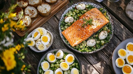 Scandinavian midsummer meal with potato salad salmon and eggs : Generative AI
