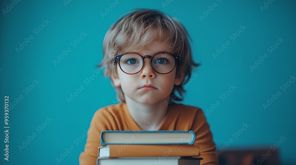 Poster cute little boy in eyeglasses with stack of book sitting at table against color wall : generative ai