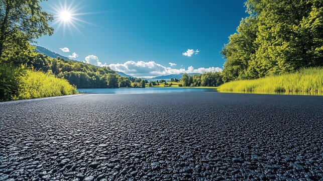 Empty asphalt road near the lake under blue sky : Generative AI