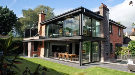 Obraz premium Contemporary Steel Structure and Glass Atrium Added to an Old Two-Storey Detached House, Featuring a Side Extension. 