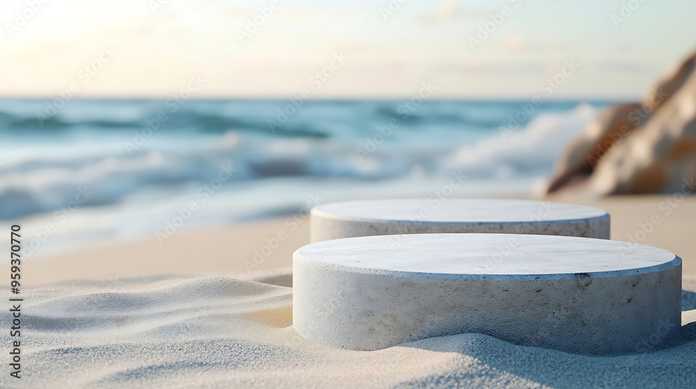 Aufkleber Product display podium on the sandy beach On a blurred sea background Abstract style : Generative AI