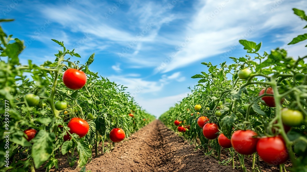 Poster Expansive tomato farm under a bright blue sky with rows of vibrant red tomatoes and green vines stretching into the distance