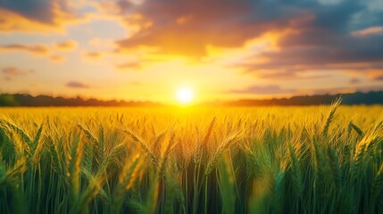 Fototapeta premium A selective focus shot of a sunset over a barley field : Generative AI