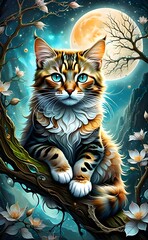 화려한 매력있는 고양이과 삵 살쾡이 느낌 신비로운 분위기 앙상한 나뭇가지 나무 위 편안히 pose cat 냥냥이 댕냥이 삽화 고양이그림 보름달 야경 night 밤풍경 일러스트 고양이