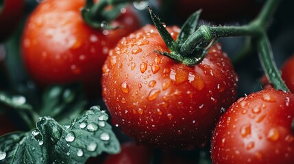 Fresh red tomatoes on vine with water droplets close up view