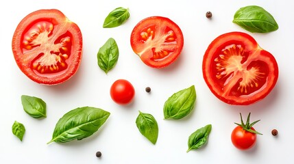 Vibrant arrangement of juicy tomato slices, half-cut tomato, and tiny tomatino adorned with fresh green basil leaf on pristine white background.