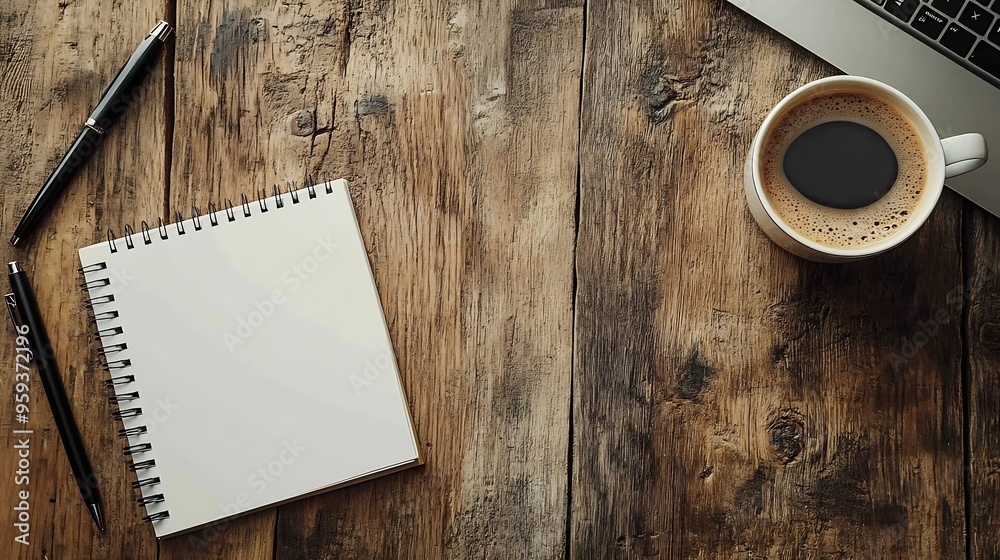 Aufkleber work from home desk office with laptop blank notepad coffee cup and pen on wood table flat lay top v