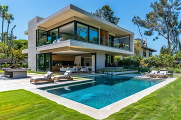 Fototapeta premium Modern two-story beachfront home with outdoor pool, lounge chairs, grassy yard, and patio, sunny day with blue sky.