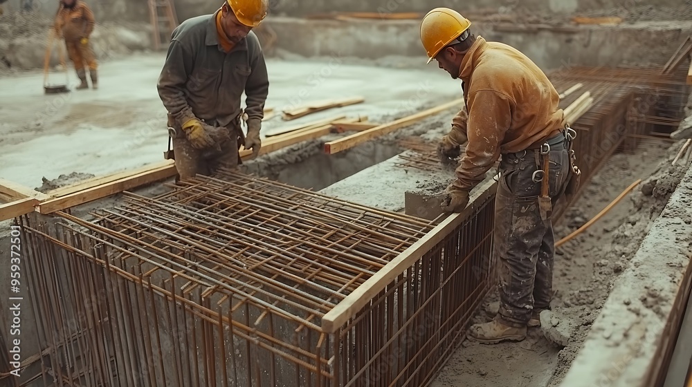 Poster Builders workers at a house construction site are installing prepare formwork reinforcement for pouring concrete Process of work on a construction site Work at height : Generative AI