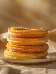 Churros stack close up photo with sugar coating on beige background