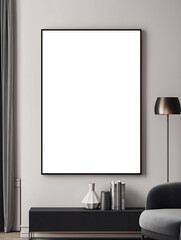Blank frame in clean and calm living room, Japandi or wabi sabi style. Mock up frame