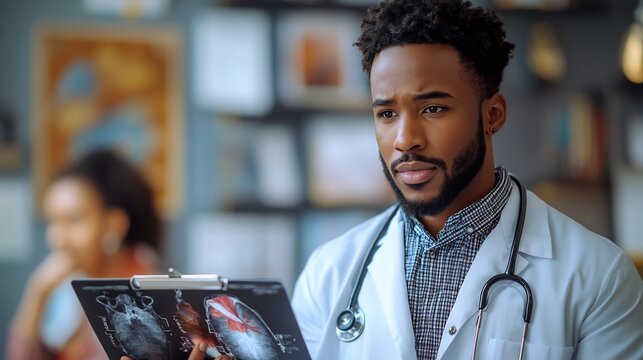 Sports medicine doctor assessing injury patient clinic medical imaging professional advice supportive interaction modern environment