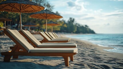 Obraz premium Empty sun loungers on the beach Beach chairs and umbrellas Vacation on tropical beach : Generative AI