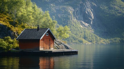 Wood hut along the fjord More og Romsdal county Norway : Generative AI
