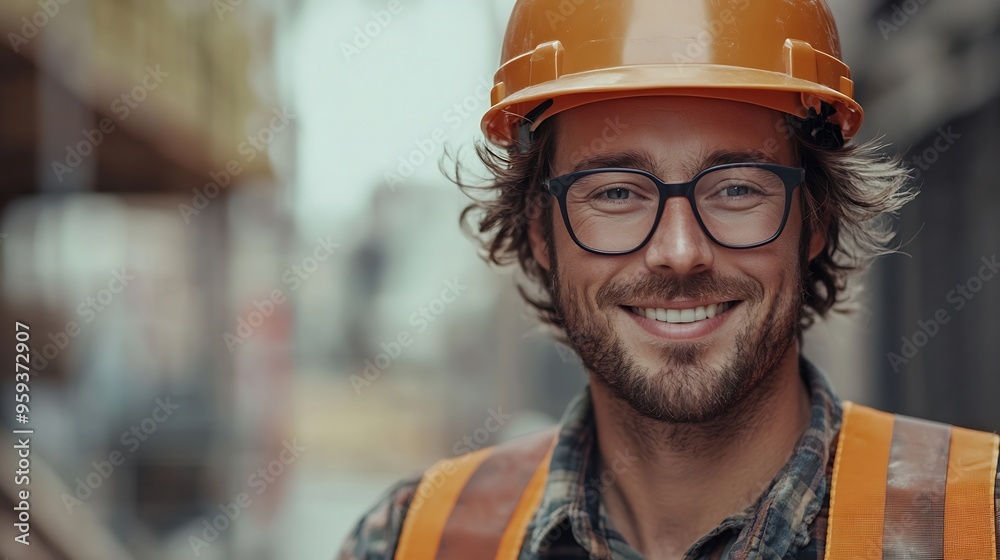 Poster helmet is in hands of builder hardhat for head protection man builder smiles as he holds out his hel