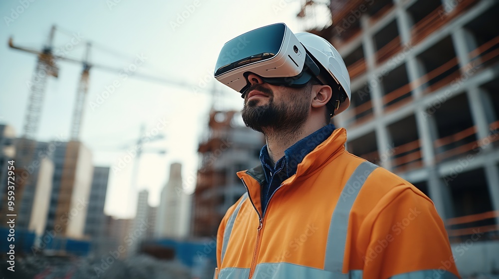 Poster engineer man with virtual reality glasses at construction site : generative ai